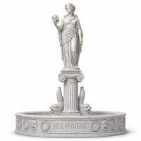 Fontaine en marbre personnalisée avec statue de la Musée Melpomène, masque, épée, fontaine d'eau et dauphin pour hôtel, place publique, jardin, propriété, hall d'entrée