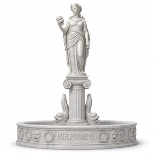 Fontaine en marbre personnalisée avec statue de la Musée Melpomène, masque, épée, fontaine d'eau et dauphin pour hôtel, place publique, jardin, propriété, hall d'entrée - Product Image 1