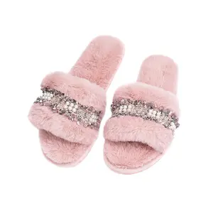 Dames Fuzzy Faux Bont Open Teen Slippers Binnen Outdoor Comfortabele Home Slippers Pelt Versiering Vrouwelijke Pluche Slippers