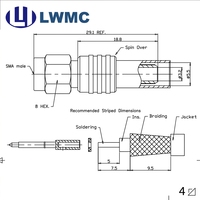 Connecteur RF LWMC SMA Mâle à Sertir pour Câble LMR200, Plaqué Or 1.30 Max, Commande en Gros, Jusqu'à 6 GHz, Placage Albaloy, Broche à Souder