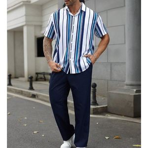 Lässiges gestreiftes Kurzarmhemd mit langer Hose Herrenbekleidung 2-teiliges Set Mode - Product Image 2