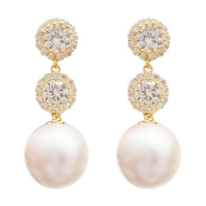 Pendientes E3626 Golden Drop con Perla Cultivada AAA, Diseño de Flor Blanca Redonda, Engaste de Bisel, Joyería Clásica para Bodas de Mujer - Product Image 4