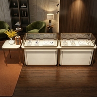 Comptoir de présentation de bijoux de luxe personnalisé avec cadre doré, vitrine en verre LED pour boutique de diamants et de pierres précieuses