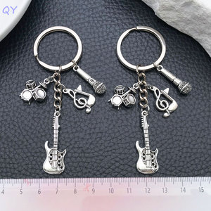 QY Vintage <b>Silver</b> Musical Instrument Keychain Guitar Microphone Drum Note Charms <b>Key</b> <b>Ring</b> Music Lover - Product Image 2