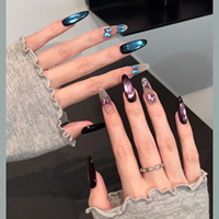 Lot de 10 faux ongles longs ovales en gel, peints à la main, effet AB irisé, réutilisables, style français, motif ciel étoilé de dessin animé