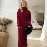 Ensemble de deux pièces en tricot décontracté pour femmes FNJIA personnalisé, 100% polyester, couleur unie, automne, bustier, pull à col roulé