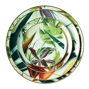 Tableware Western Pastry Dish Plate Plate Ceramic Household Healthy Plate Porcelain Leaf Forest Pattern Bone China Green