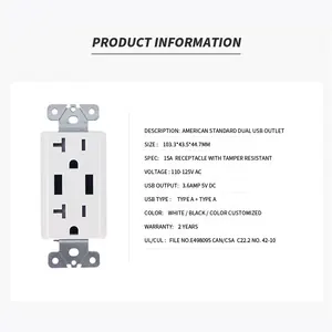US Standard 125V 20A Duplex Rreceptacle High Speed USB Type A Type C USB Ports Power Outlet