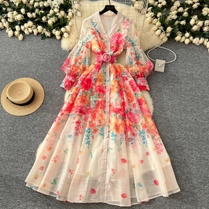 LW0425 abito da donna di fascia alta 2025 nuovo abito Vintage in vita a vita abito con collo a lanterna con <span class=keywords><strong>maniche</strong></span> stampate gonna lunga abito floreale - Product Image 2