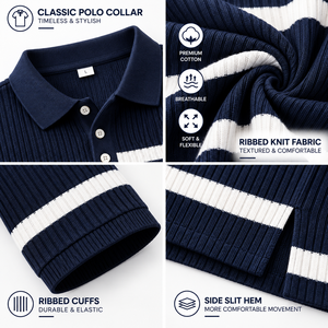 Polo coréen pour homme, style Old Money, en maille côtelée, avec logo personnalisé, rayé, manches courtes, polo décontracté de luxe - Product Image 2