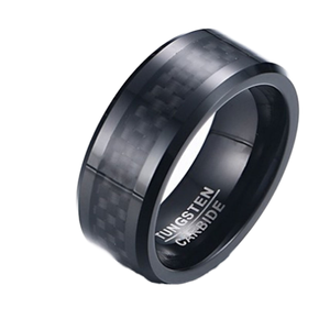 Anillo de boda de carburo de tungsteno para hombre con incrustaciones de fibra de carbono negra, diseño geométrico moderno, para uso diario. - Product Image 1
