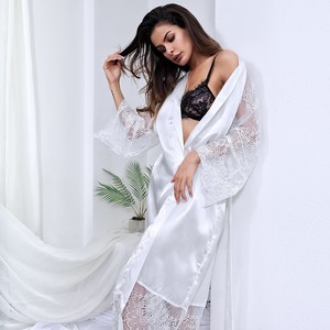 Moda Sexy pijama <span class=keywords><strong>mujer</strong></span> Albornoz Encaje Lencería leche seda Top cómodo señoras V manga larga camisón ropa de dormir - Product Image 1