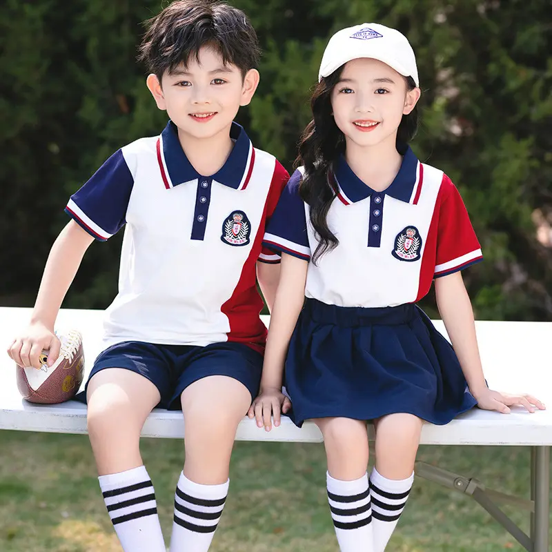 사용자 정의 초등학교 학생 스포츠 세트 유니폼 여름 패션 반소매 로고 디자인 어린이 유치원 수업