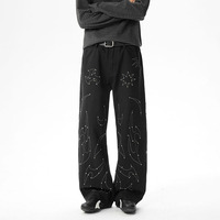 Jeans noirs de haute qualité à coupe courbée, style streetwear américain, avec broderies et rivets