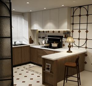 เฟอร์นิเจอร์ตู้ครัวทันสมัยแบบสองสีสั่งทำพิเศษจาก BALOM - ตู้ครัวดีไซน์หรูหราพร้อมชั้นวางของสีขาวด้านบนและสีไม้ด้านล่าง - Product Image 5