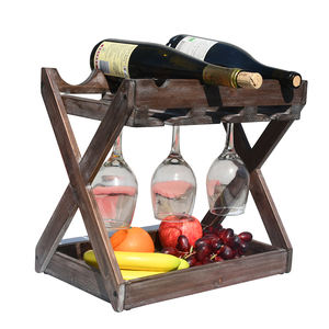 Rústico Estado <span class=keywords><strong>Cava</strong></span> Encimera Estante <span class=keywords><strong>de</strong></span> vino <span class=keywords><strong>de</strong></span> madera maciza para 4 botellas y 6 portavasos - Product Image 1