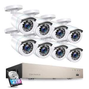 Kit de Sistema de Seguridad CCTV NVR de 8 Canales, Cámara HD 1080P POE con 8 Cámaras Exteriores Tipo Bala, IP66 Impermeable, Detección Facial, H.265, Disco Duro de 2TB - Product Image 1