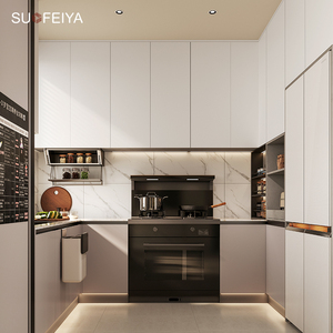 Sofeyia Custom armadi da cucina in lacca bianca contemporanea opaca lucida a forma di isola Design include rubinetto a cerniera lavello - Product Image 1