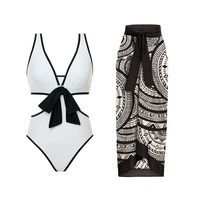 JSN Vintage Bow Decor Noir et Blanc Maillot de bain une pièce et jupe Maillot de bain Ensemble femmes Vacances Beachwear Maillot de bain de luxe