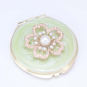 Luxury Jeweled <b>Compact</b> <b>Mirror</b> Gold Metal Enamel Flower Rhinestone Pearl 1X 2X Magnifying Dual Sided HD Pocket Makeup <b>Mirror</b> - Product Image 3