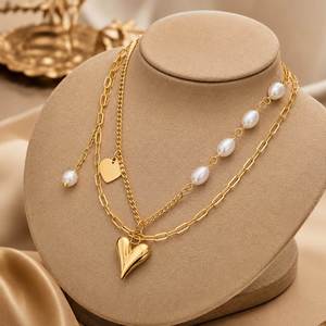 Custom High Quality Stainless Steel 18K Gold Imitation Pearl Layered Heart Butterfly Pendant Necklace Women Engagement Gift US - Product Image 5