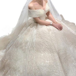 Abito da sposa principale modello A-Line 2025, nuovo modello, con spalle scoperte, vita alta, stile Hepburn, abito <span class=keywords><strong>elegante</strong></span> con strascico effetto cielo stellato. - Product Image 5