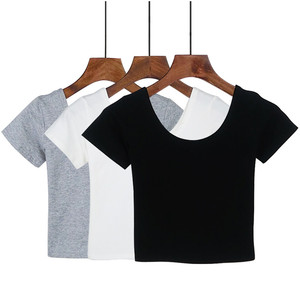 Delle donne di Colore Solido Girocollo Manica Corta Del Manicotto Della Ragazza Del Cotone del Commercio All'ingrosso Ombelico Breve <span class=keywords><strong>Palestra</strong></span> Casuale Crop Tops T-Shirt - Product Image 2