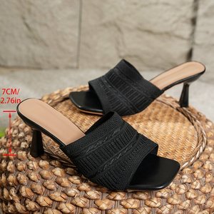 À la mode une ligne glisser talon épais tricoté fil pantoufles 313 nouvelle grande taille femmes talons hauts - Product Image 6