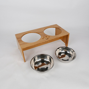 Bamboo Pet Food <b>Table</b> Double Stainless Steel Bowl For <b>Dogs</b> Cats - Product Image 2