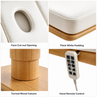 Table de massage électrique pour spa, lit facial en cuir PU blanc avec piédestal rond en bois et base lumineuse LED pour salon de beauté et clinique des cils