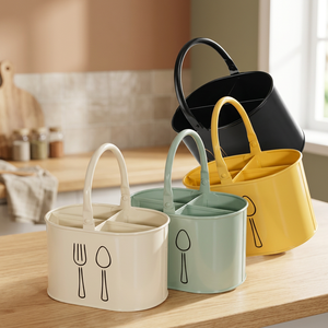 Modern <b>Cutlery</b> <b>Storage</b> Holder with Handle and Dividers in Beige, Mint, Yellow, and Black for Kitchen Use - Product Image 4
