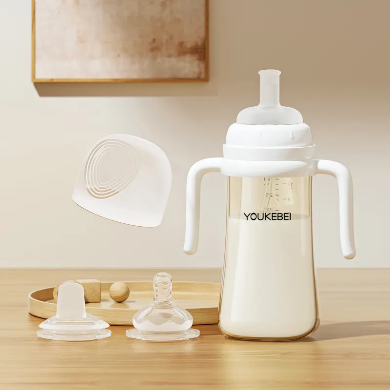 Logo kustom botol susu Lahir baru Anti kolik PCT putih bening 300ml botol susu bayi dengan pegangan tanpa BPA Biberons Pour Bebe