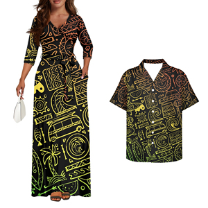 Camisa Luau hawaiana emparejable de alta calidad OEM y vestido largo en azul hibisco polinesio Vintage para parejas <span class=keywords><strong>ropa</strong></span> a juego - Product Image 3