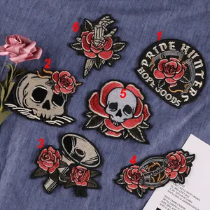 Hot Recommend Punk Style Shoulder Applique Rose Skull Iron On Patches Custom Embroidery