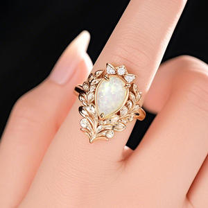 Elegante anello da cocktail con opale per donna, con pietra naturale a forma di pera, con montatura a punta, motivo vegetale, gioielli di moda per matrimonio A013 - Product Image 3
