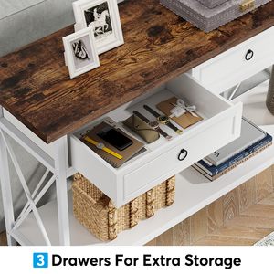 <span class=keywords><strong>Table</strong></span> <span class=keywords><strong>console</strong></span> style farmhouse <span class=keywords><strong>de</strong></span> 180 cm avec 3 tiroirs et étagère <span class=keywords><strong>de</strong></span> rangement, idéale pour l'entrée, le couloir, le hall ou derrière le canapé, couleur blanc et marron - Product Image 4