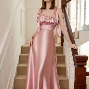 Gaun malam punggung terbuka bermutu tinggi warna murni gaun pesta pinggang tinggi elegan gaun pengiring pengantin panjang