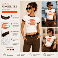 T-shirt court à col rond pour femme, blanc avec bordure marron contrastée, logo personnalisé, 100% coton tissé, léger, coupe ajustée