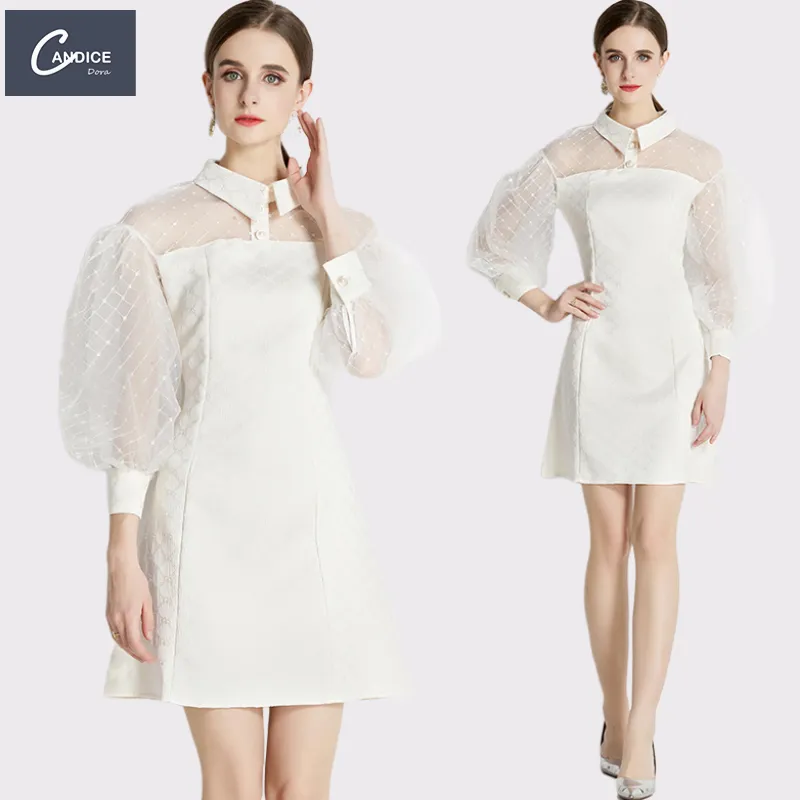 Candice fashion korean style transparent puff sleeve formal party evening white dresses for woman elegant