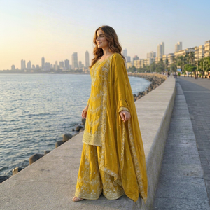 Robe Sharara Jaune Moutarde Fortement Brodée, Ensemble de Tenue pour Cérémonie de Mariage Indienne Haldi - Product Image 1