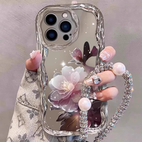 Coques de téléphone portable antichoc en TPU avec motif de fleurs et papillons de dessin animé, bracelet de poignet, design transparent pour iPhone 17 16 15 14