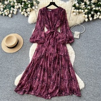 Robe décontractée élégante pour femmes WIWT, imprimé paisley, manches longues, coupe évasée, avec nœud à la taille, pour tous les jours et les vacances