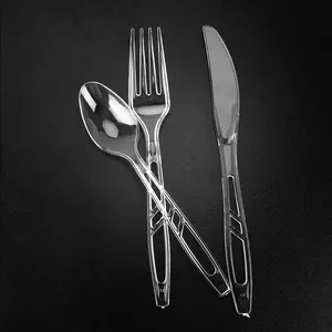 Alat makan plastik hitam sekali pakai, peralatan makan set garpu pisau sendok serbet