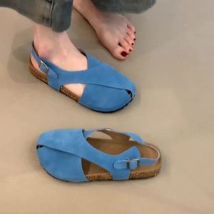 New Soft Leather <b>Sandals</b> Ladies Retro Brightening Cross Strap One Buckle Round Toe Nubuck Leather <b>Flat</b> Shoes - Product Image 3