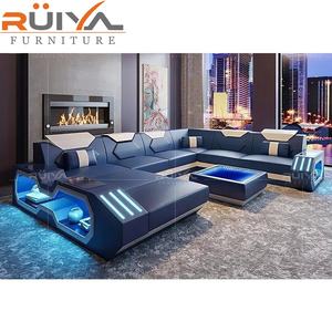 अमेरिकी शैली गर्म बेच यू आकार अनुभागीय आधुनिक चमड़े के सोफे सेट के साथ एलईडी प्रकाश कमरे में रहने वाले फर्नीचर सोफे - Product Image 4