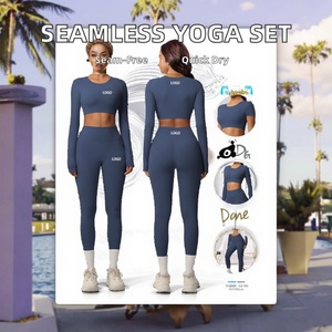 Women's Seamless Yoga Set Quick-Drying Long Sleeve Top & Breathable Solid <b>Pattern</b> <b>Leggings</b> with Logo on Waist - Product Image 2