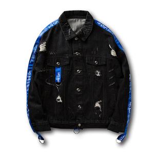 New Arrival Mens Hiphop Jeans <b>Jacket</b> Blue Black <b>Jacket</b> With <b>Red</b> Side Stripes Ripped <b>Denim</b> Coat Distressed Bomber Solid <b>Jacket</b> - Product Image 3