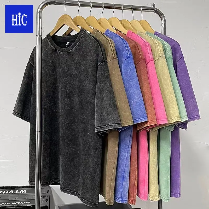 HIC Camisetas estampadas para homens, camisetas vintage lavadas, logotipo personalizado 230g 100% algodão, tamanho grande e estampado