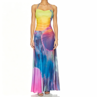 Robe longue moulante à col halter, motif arc-en-ciel, style bohème tendance Y2K, petite série 100 pièces MOQ, haute élasticité, pour soirée et club