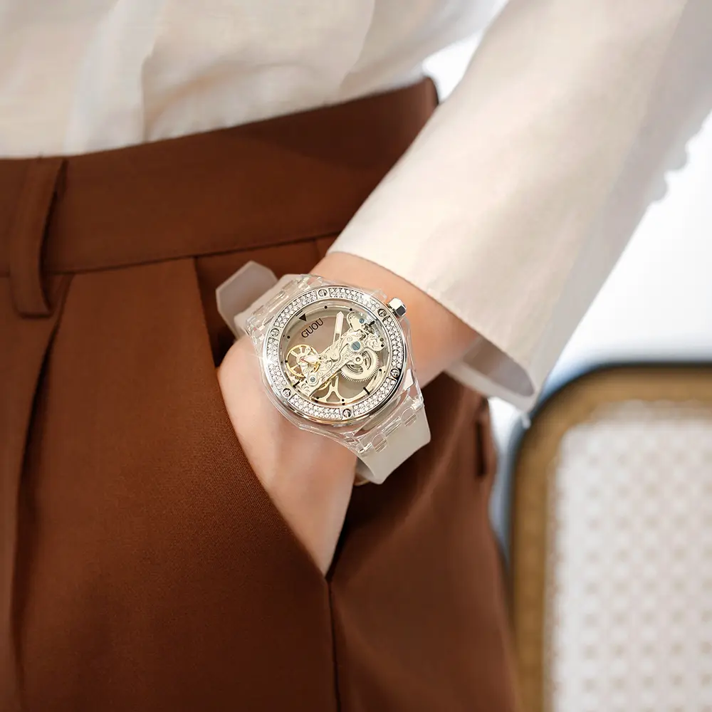 Новинка 2022, модные женские Часы Guou, прозрачные полые автоматические механические часы, силиконовые часы для женщин и девочек, часы Reloj